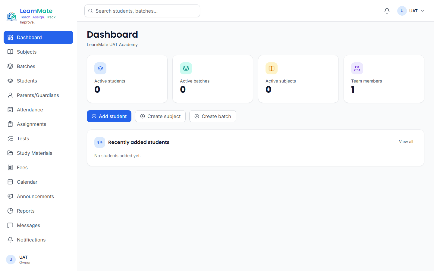LearnMate 2.0 owner dashboard